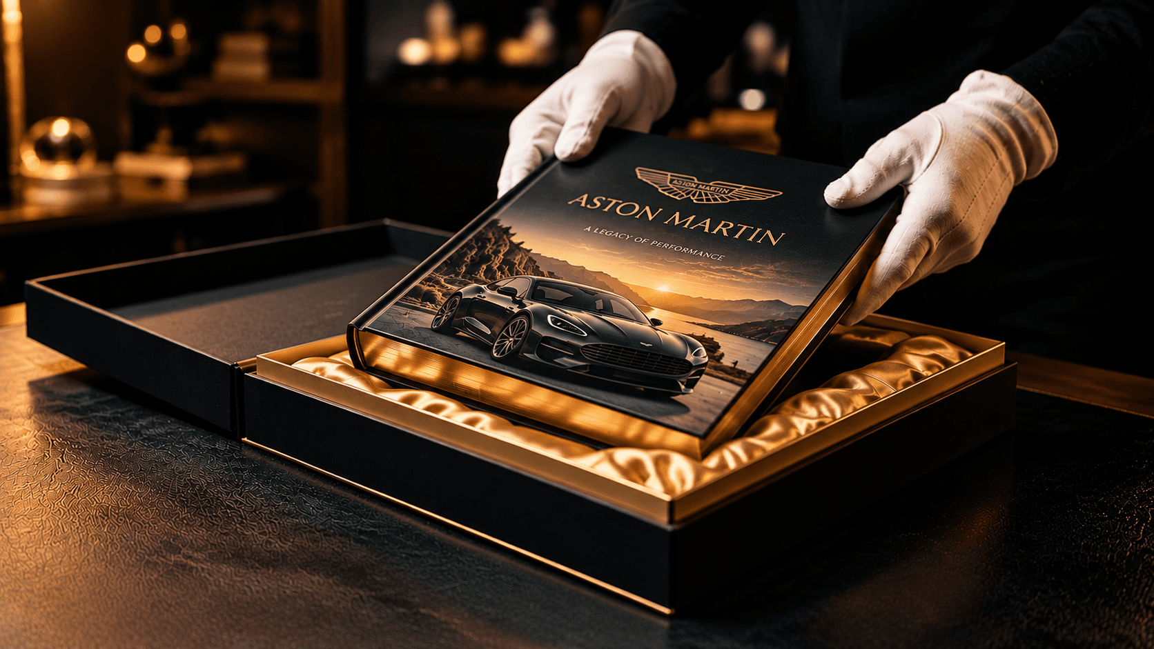White-gloved hands presenting an Aston Martin luxury book in a satin-lined gift box