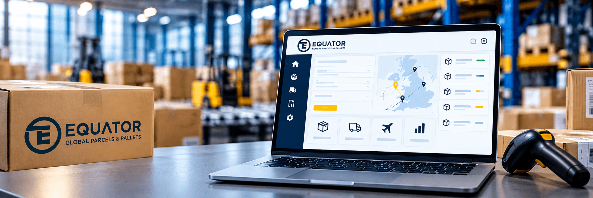 Equator logistics dashboard on a laptop in a parcel warehouse