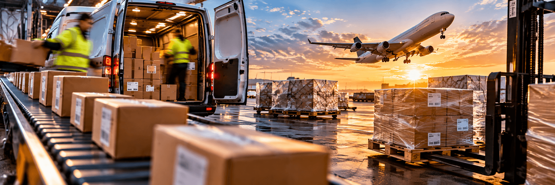 Urgent express parcels and palletised freight being handled beside a delivery van and cargo aircraft