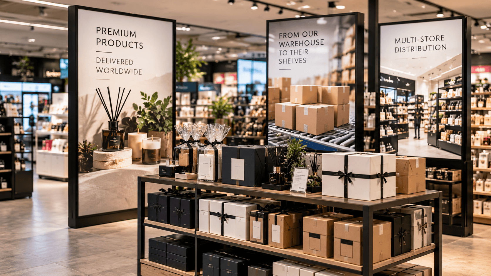 Premium products and promotional displays arranged in a modern retail store