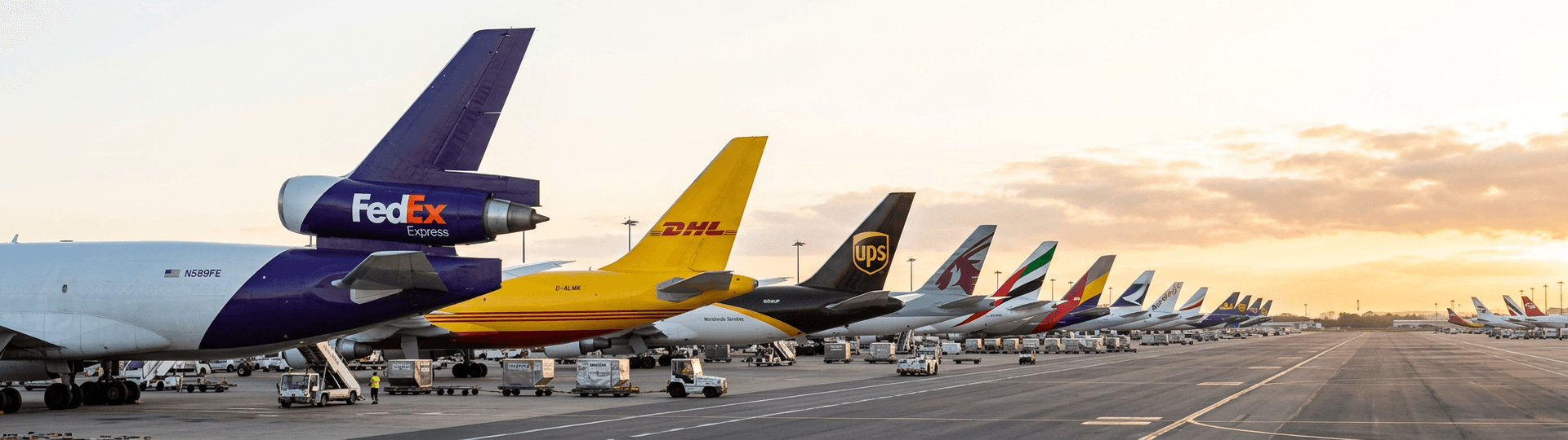 Cargo aircraft from FedEx, DHL, UPS and other carriers lined up at a freight hub