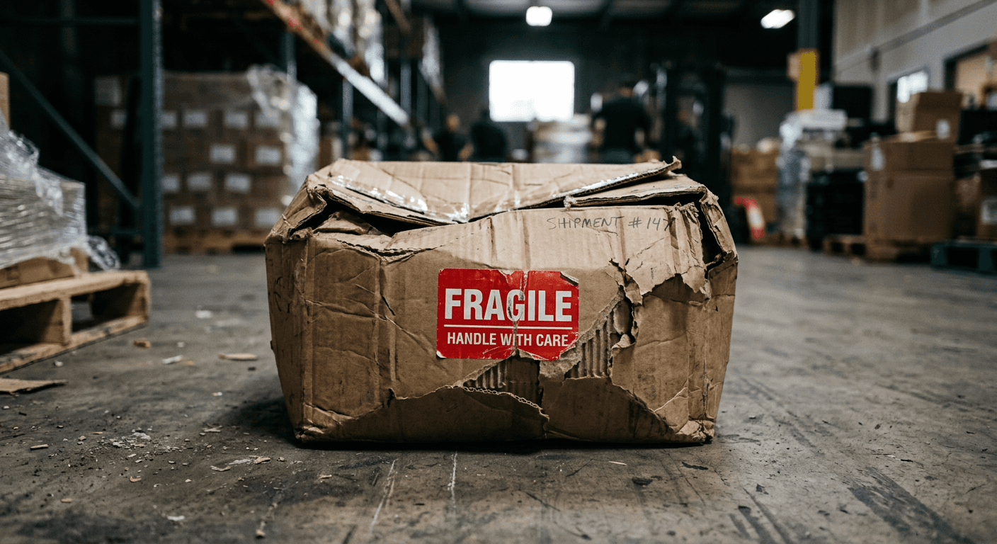 Damaged cardboard box with a fragile sticker