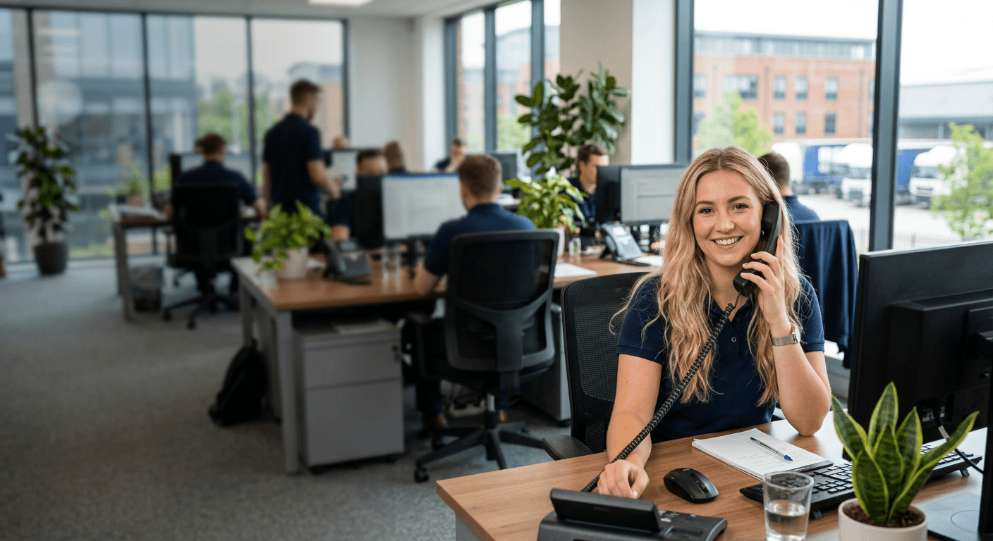 Smiling Equator team member on the phone in the UK office