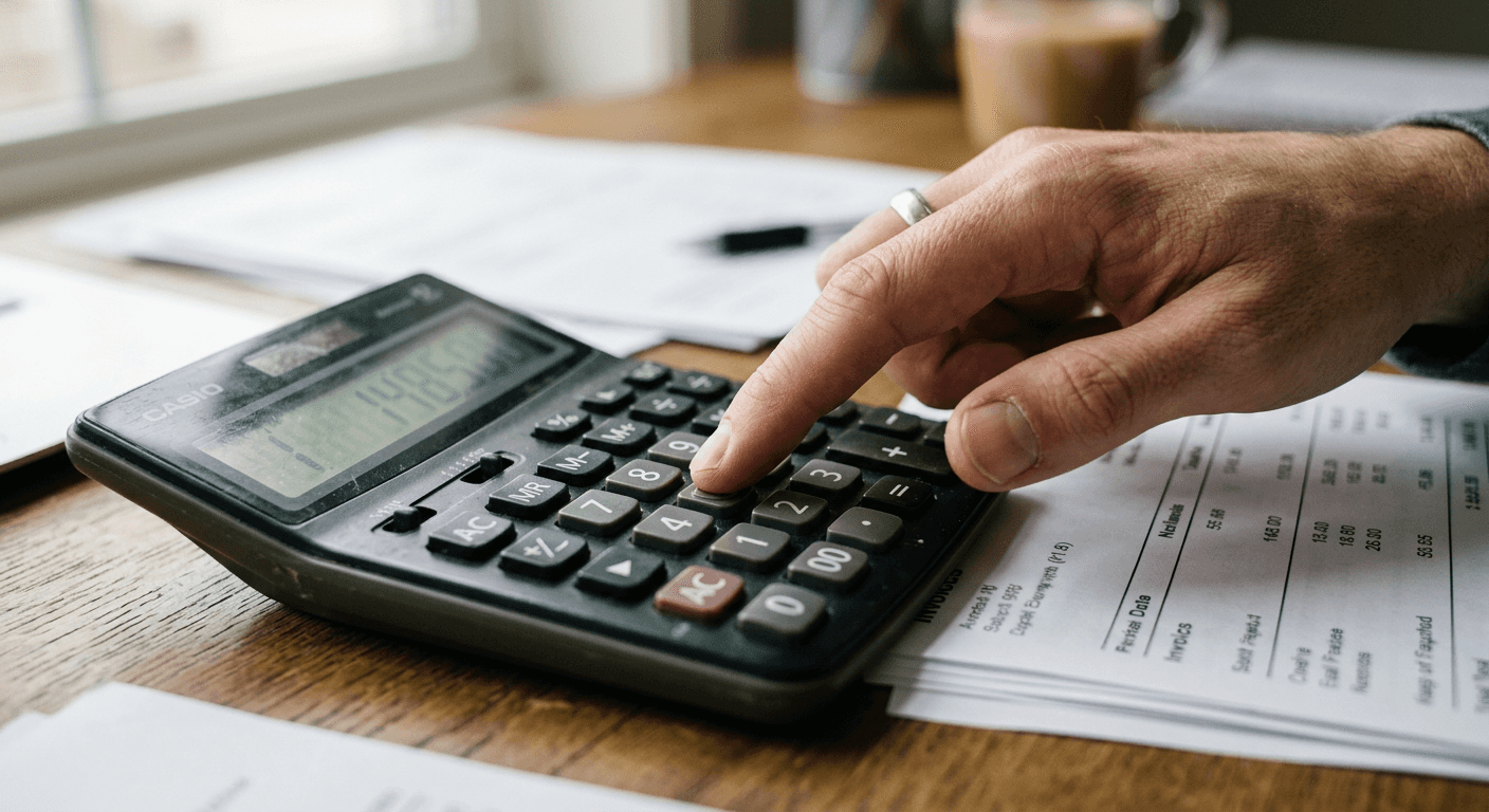 Hand using a calculator beside printed invoices