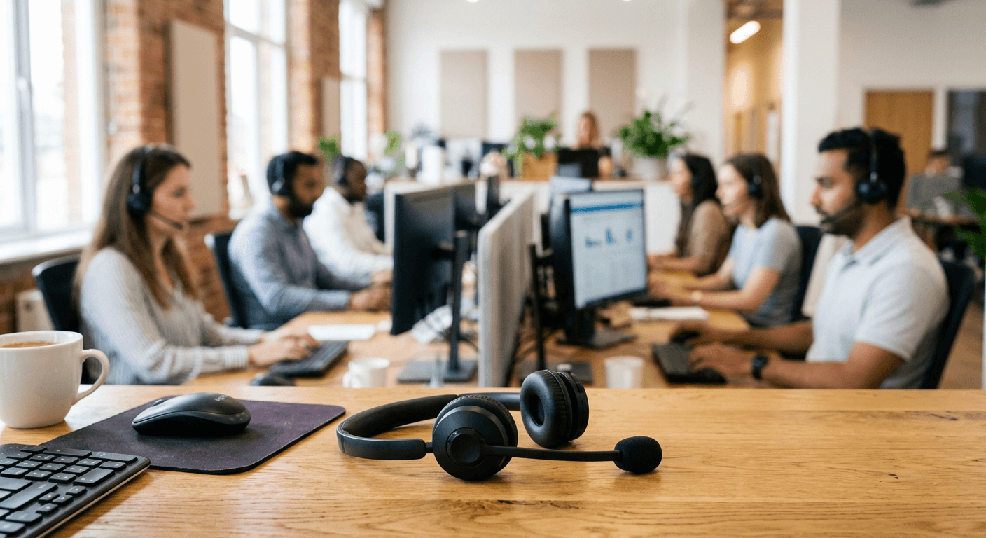Headset on a desk with the support team in the background