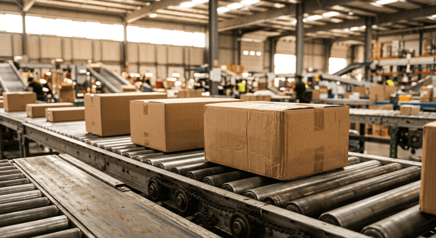 Parcels moving along a warehouse conveyor