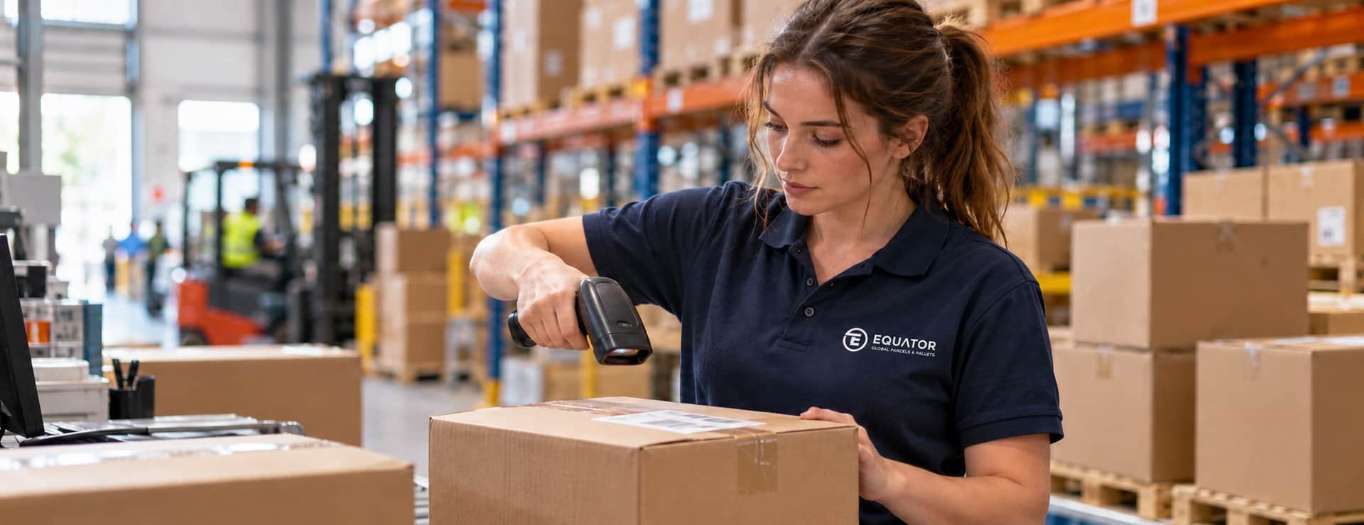 Equator team member scanning an unbranded parcel at a packing station