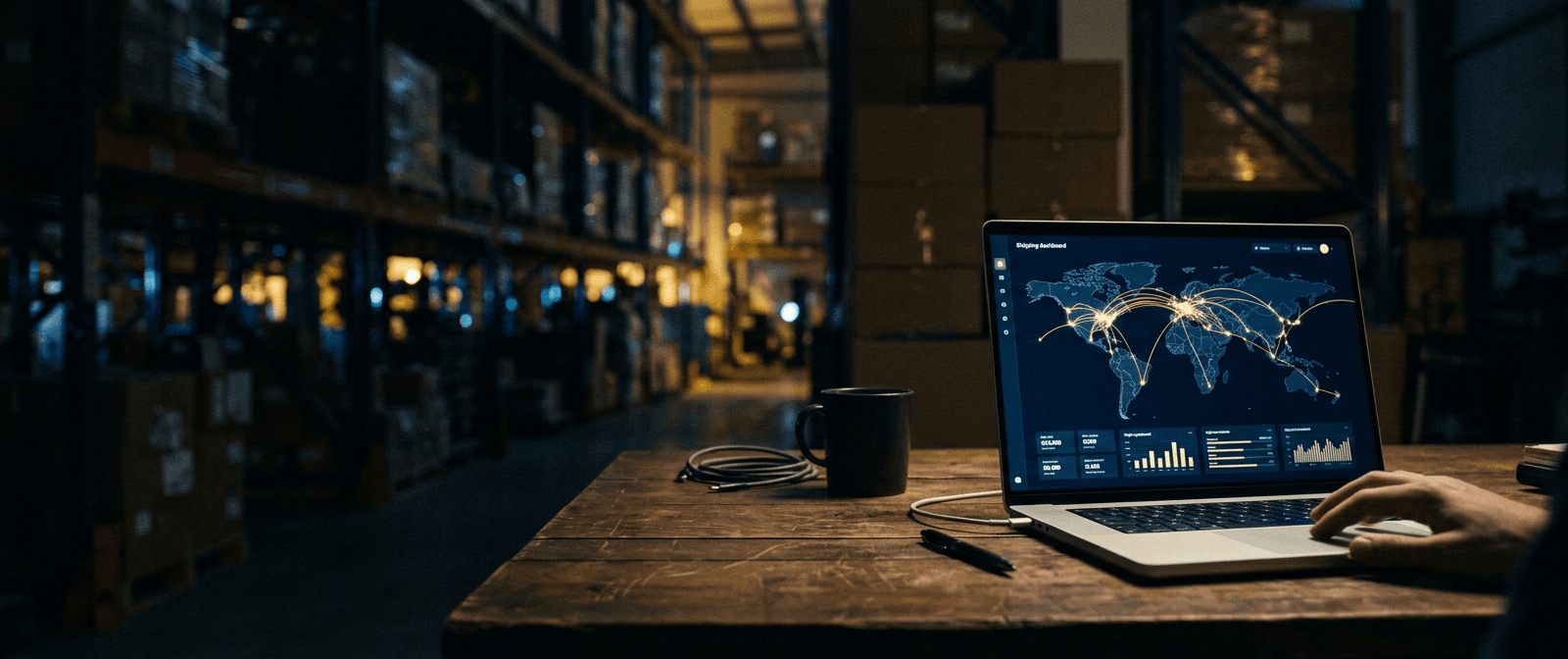Laptop showing the Equator shipping dashboard with a world map of live routes