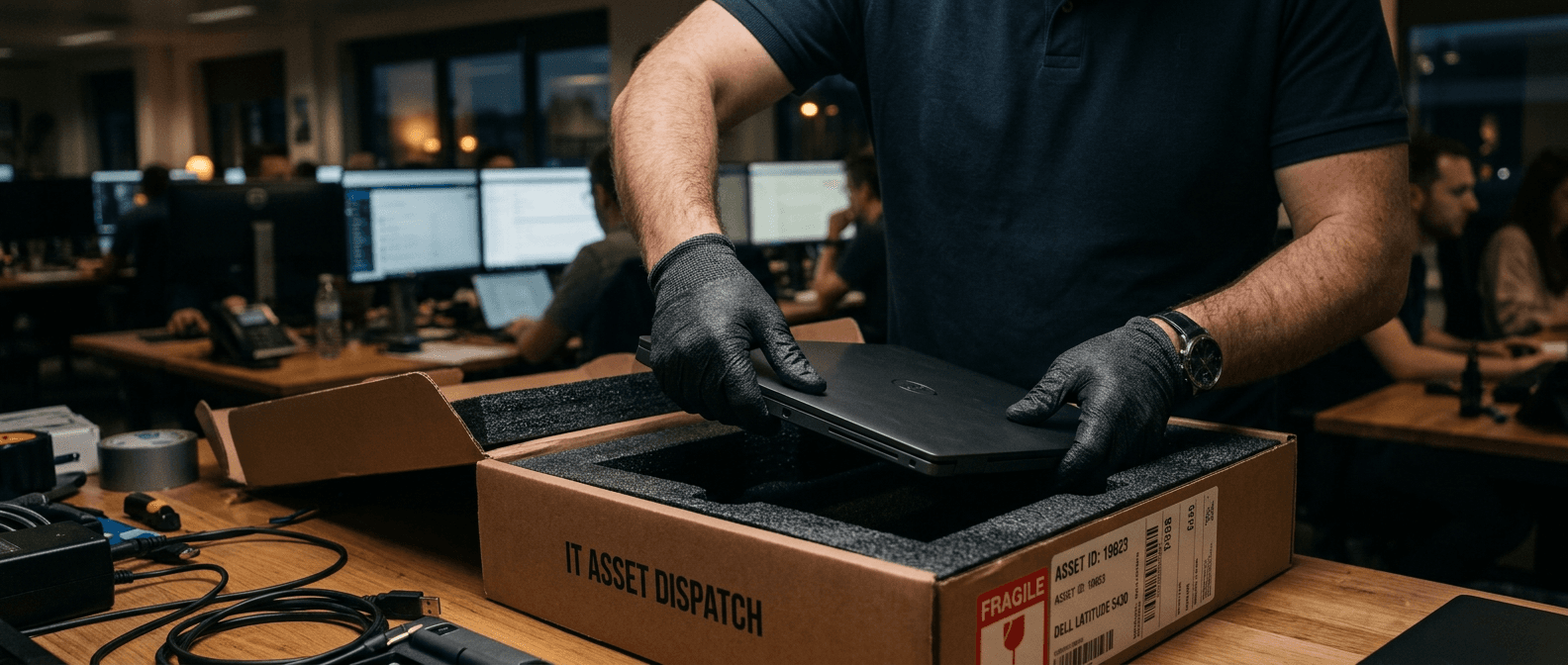 Gloved technician packing a laptop into a protective foam case
