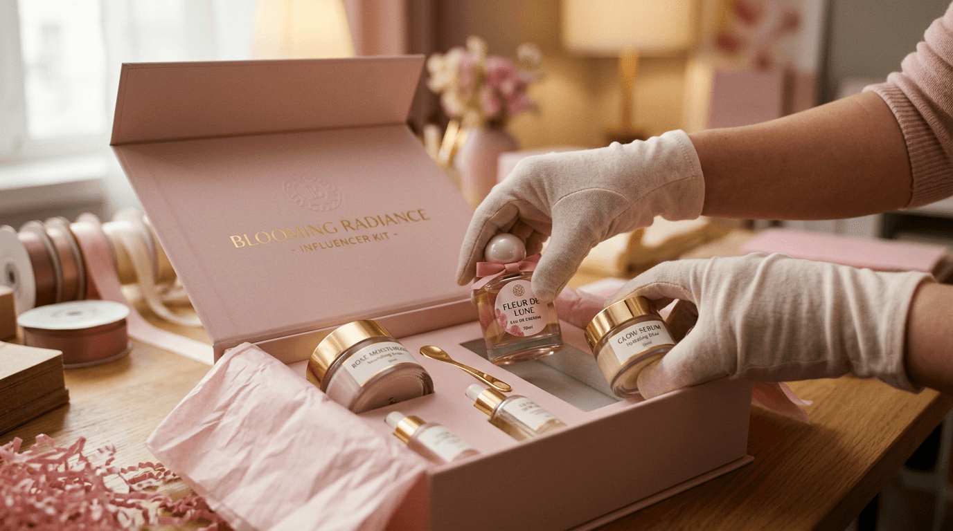 Gloved hands assembling a pink cosmetics influencer kit