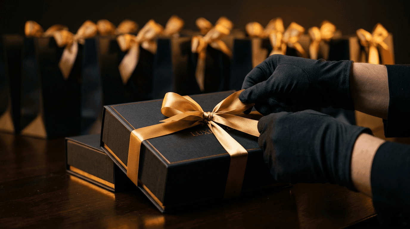 Gloved hands tying a gold ribbon on a premium black gift box