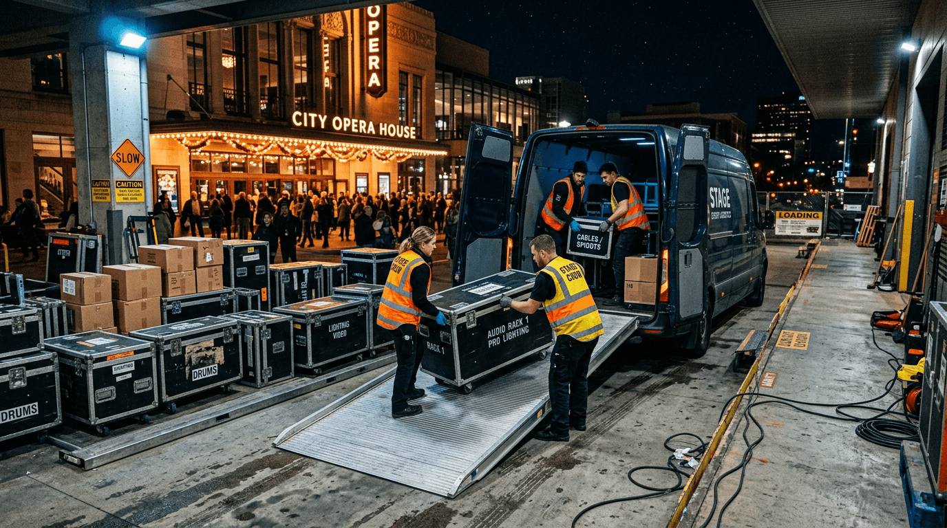 Event crew unloading flight cases from a van at a venue loading dock