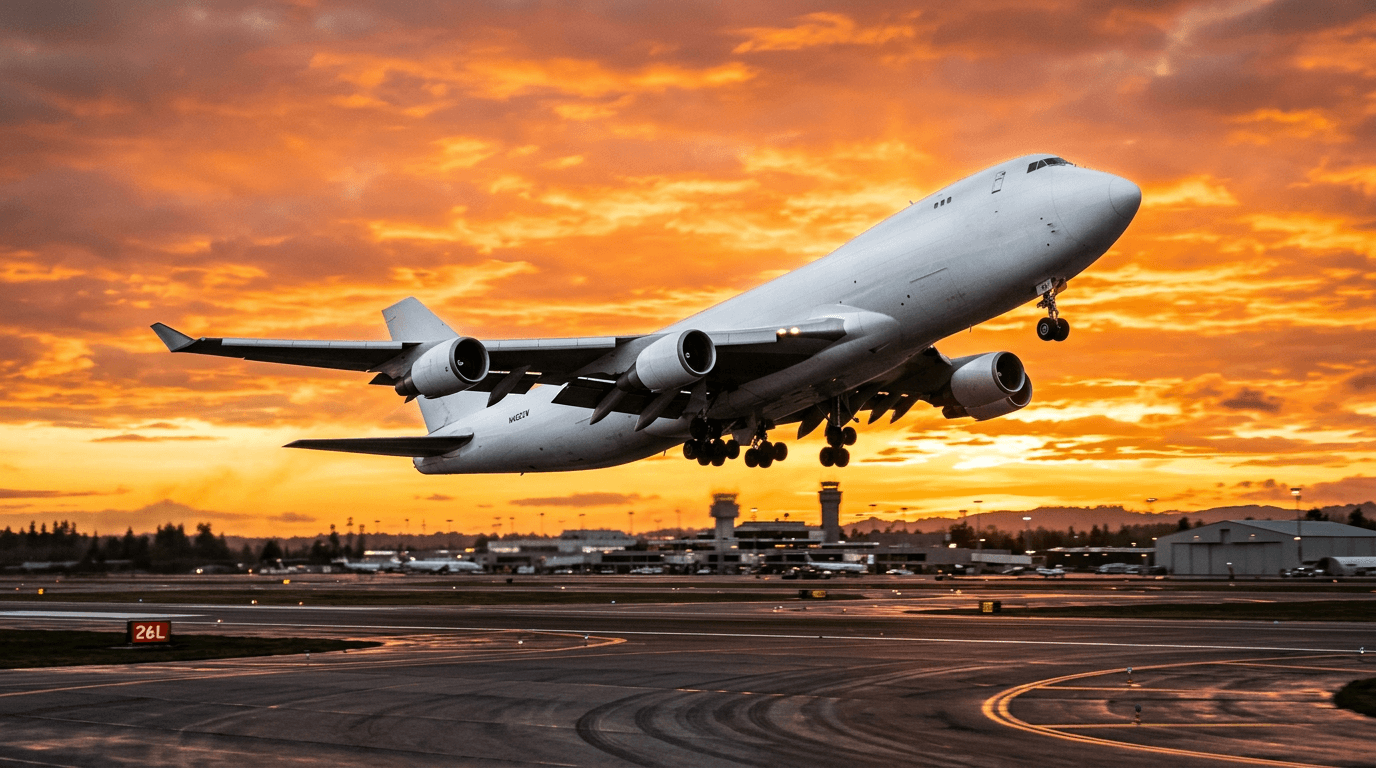 Cargo plane taking off at sunset
