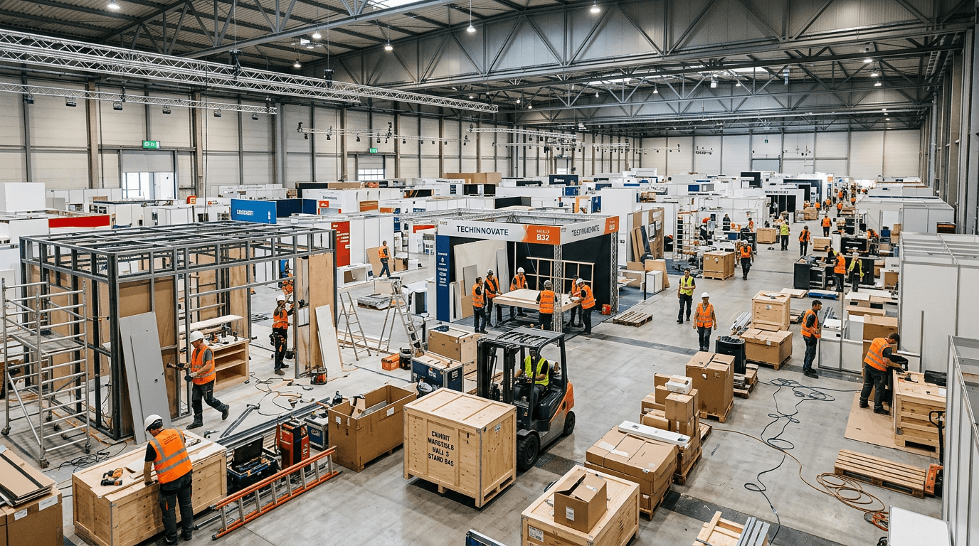 Exhibition hall being set up with crates and crew