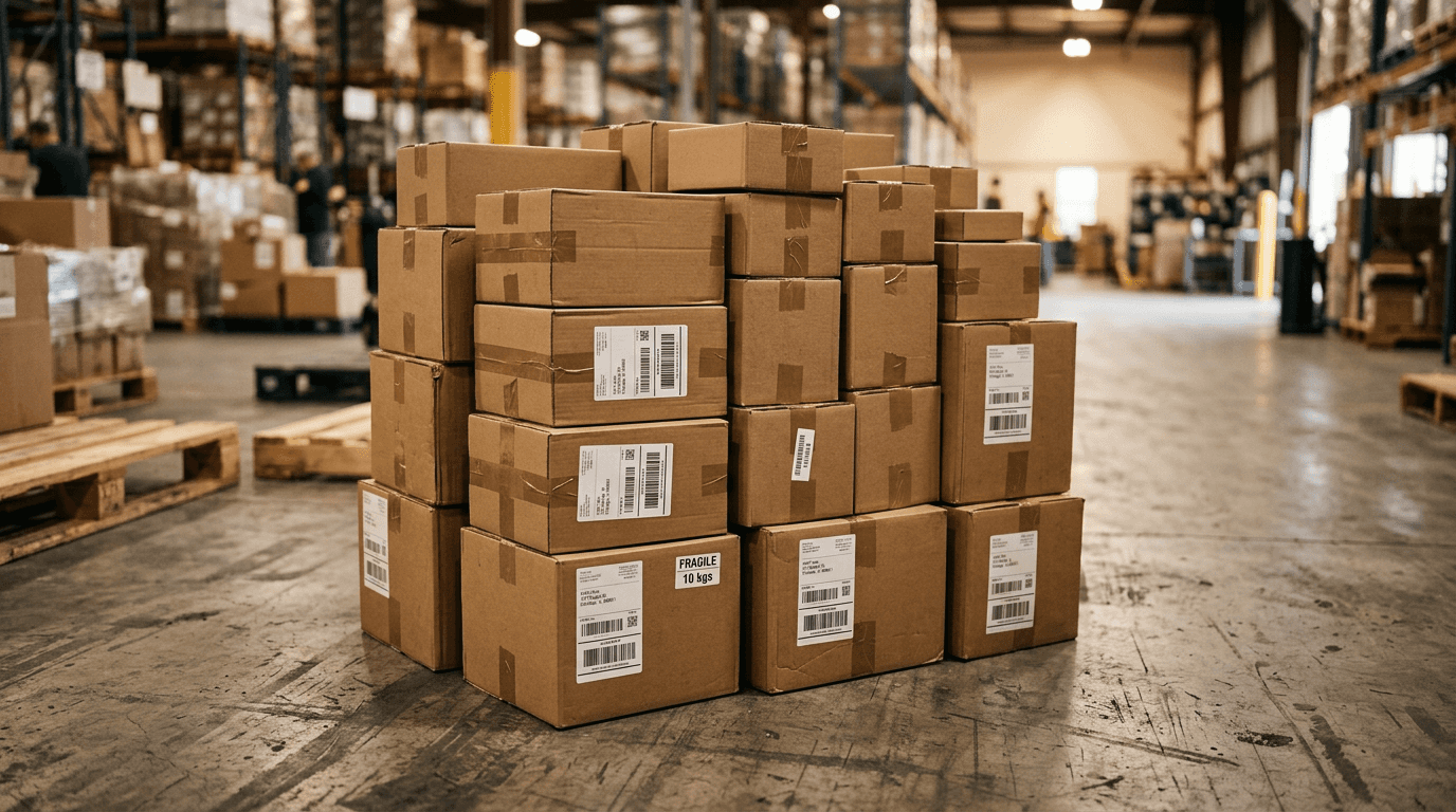 Stack of labelled cardboard parcels