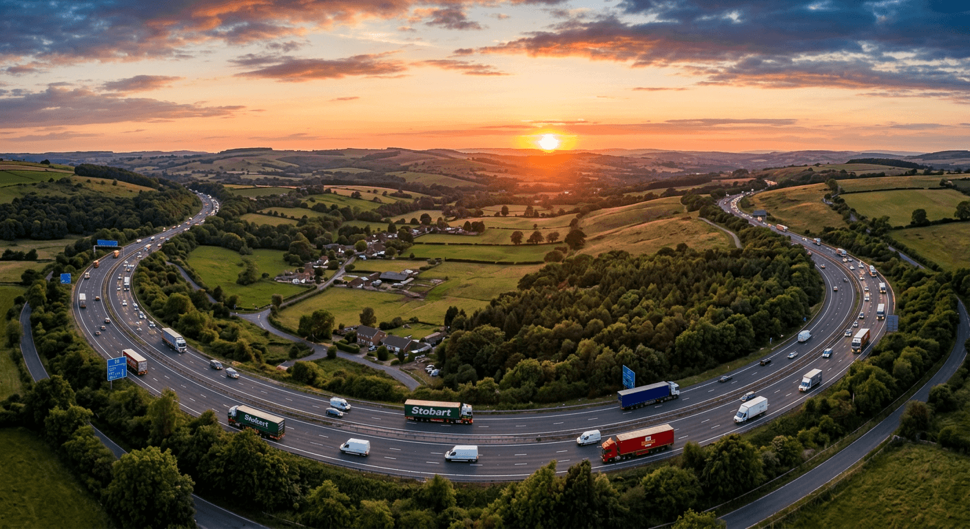 Highway with lorries at sunset