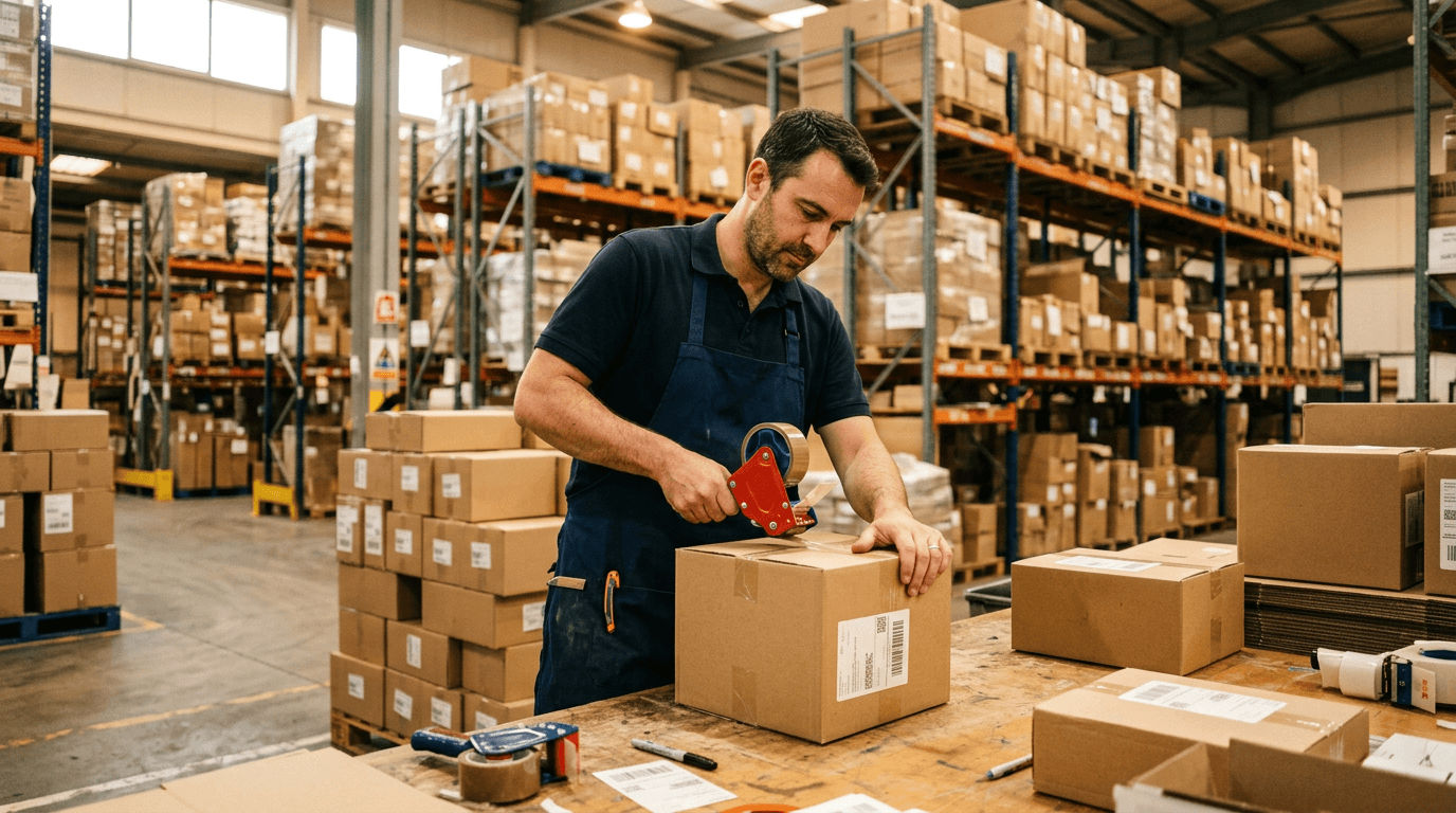 Team member packing boxes at a bench