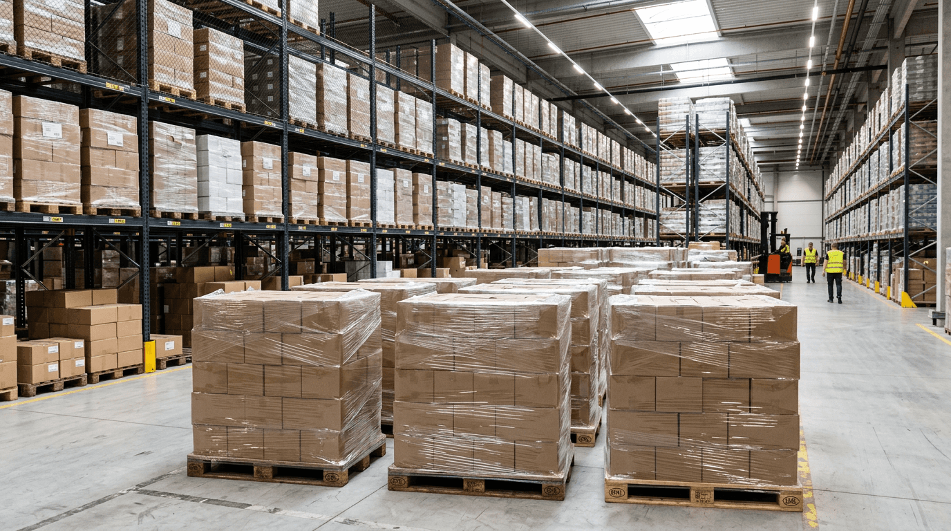 Shrink-wrapped pallets in a warehouse
