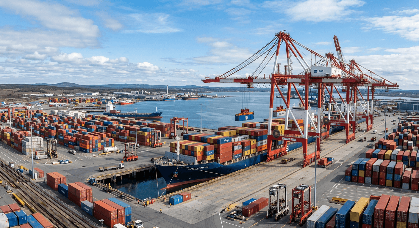 Container ship at a port with cranes