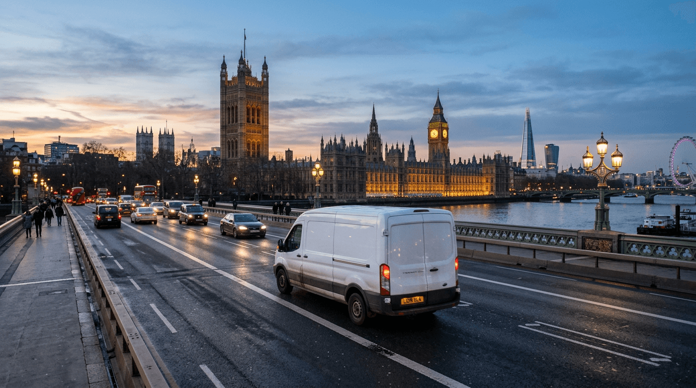 Delivery van with the London skyline behind