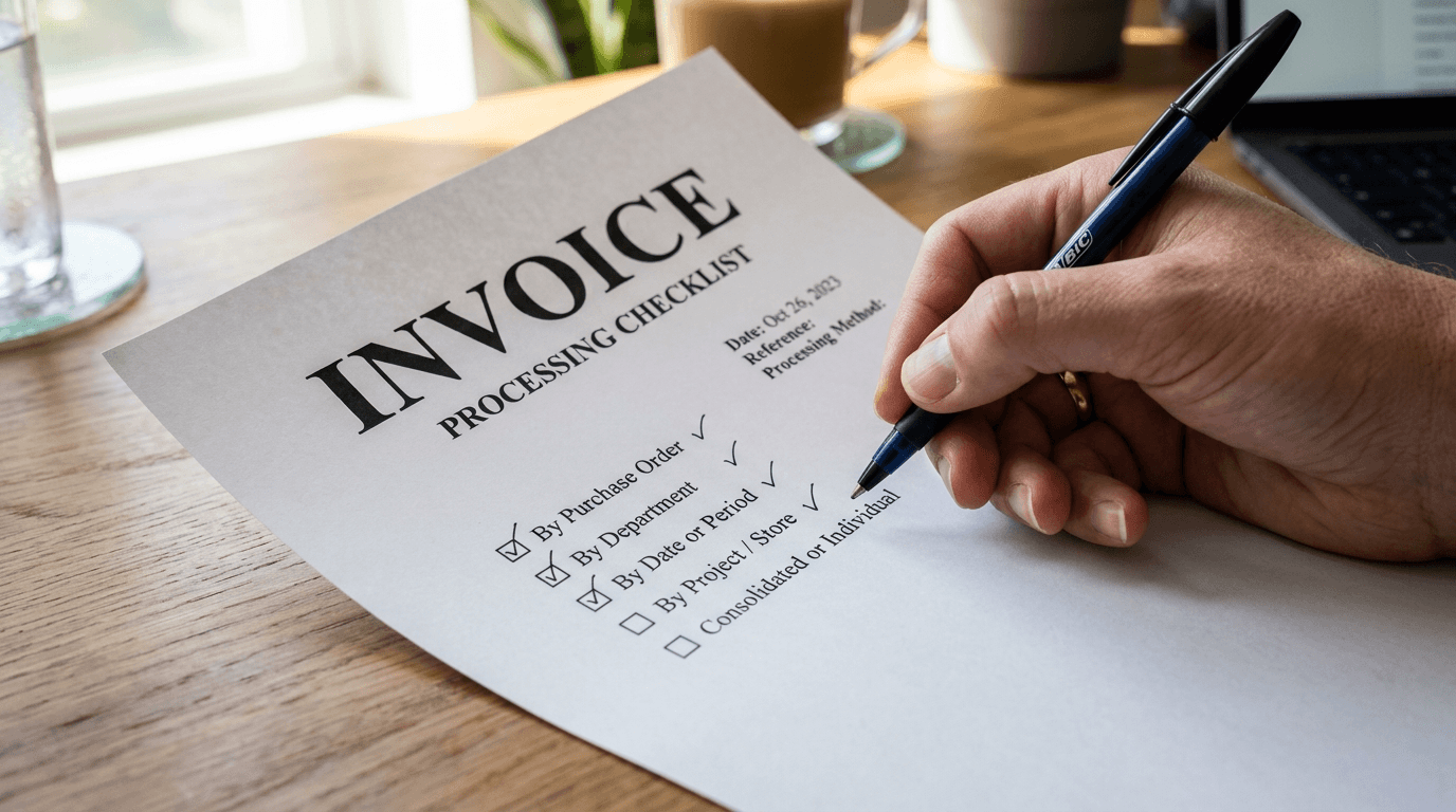 Invoice checklist being ticked: by purchase order, department, date, project and store