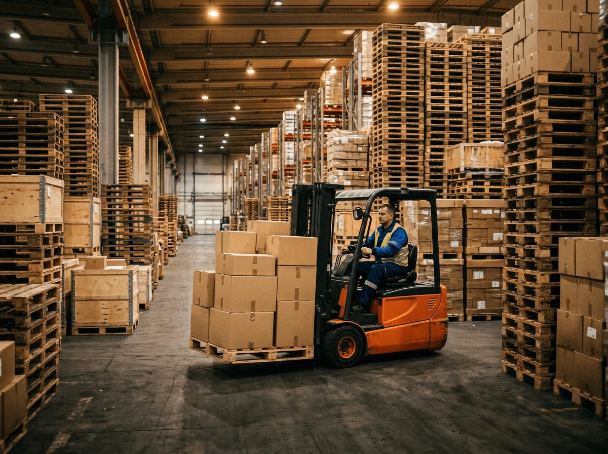 Forklift moving pallets in a busy warehouse