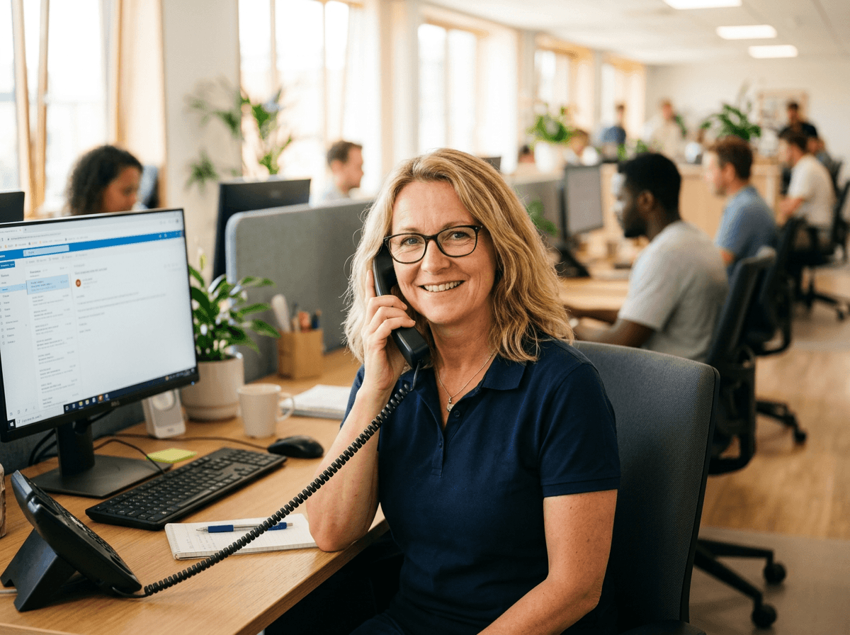 Equator team member smiling while helping a customer on the phone