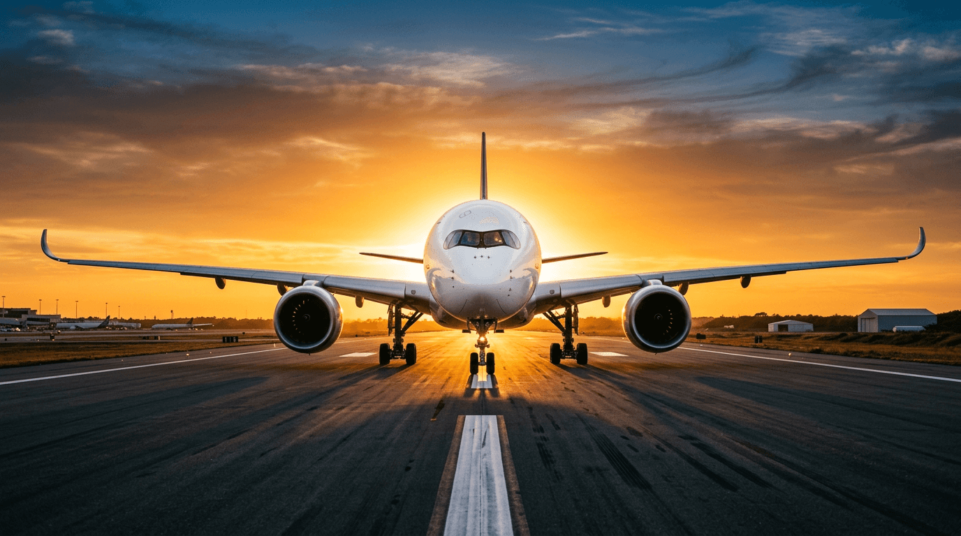 Jet aircraft on a runway at sunset